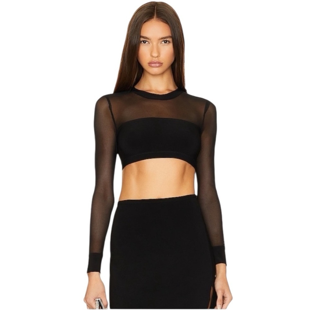🆕🔥 X Revolve Crewneck Banded Midriff Top in Black Mesh NORMA KAMALI size XS
